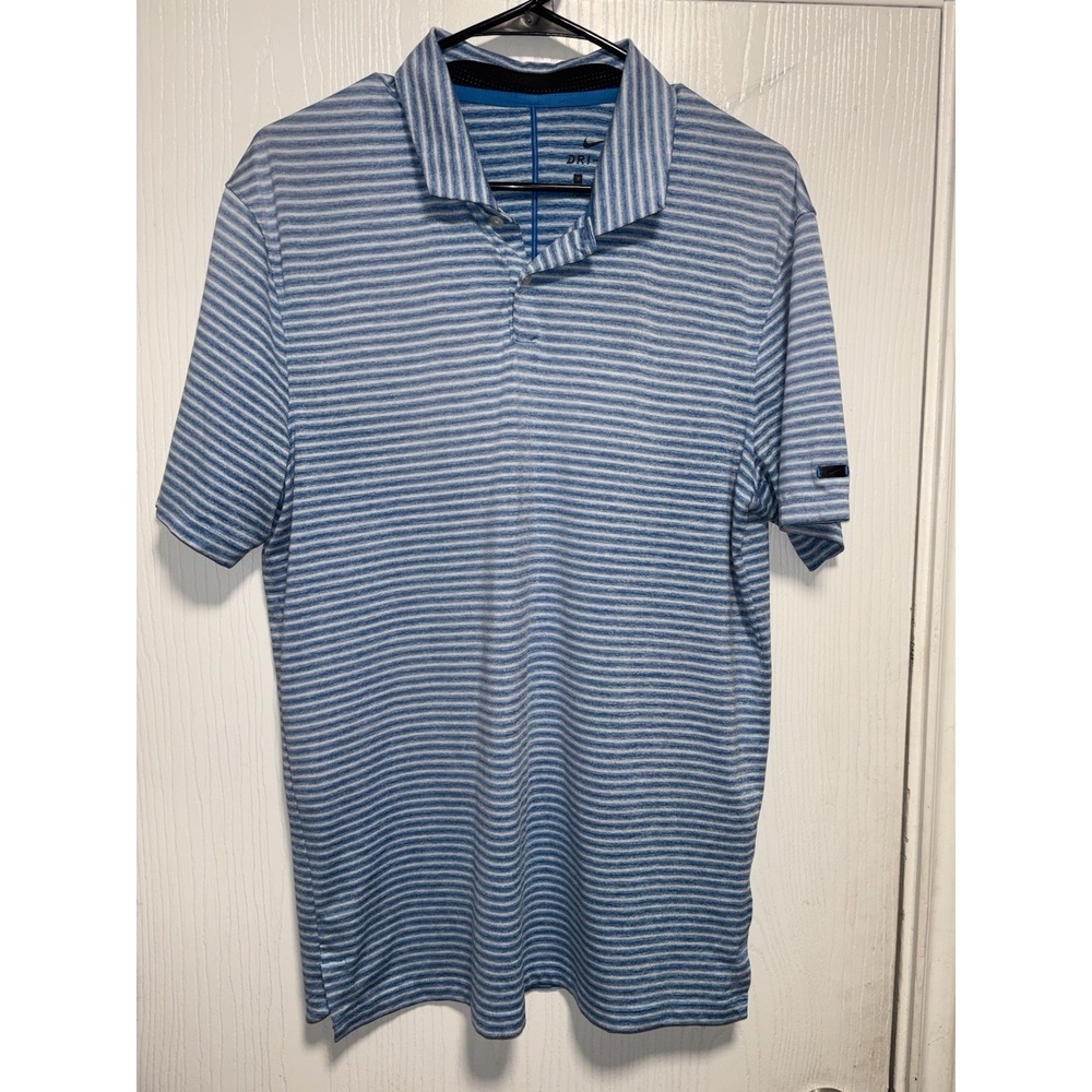 Nike Polo Shirt Mens Small Blue Striped Dri-FIT Tiger Woods Golf Polo